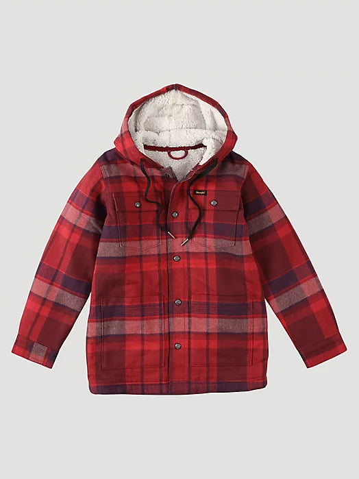Kid’s Sherpa Lined Flannel Hooded Shirt Jacket Garnet