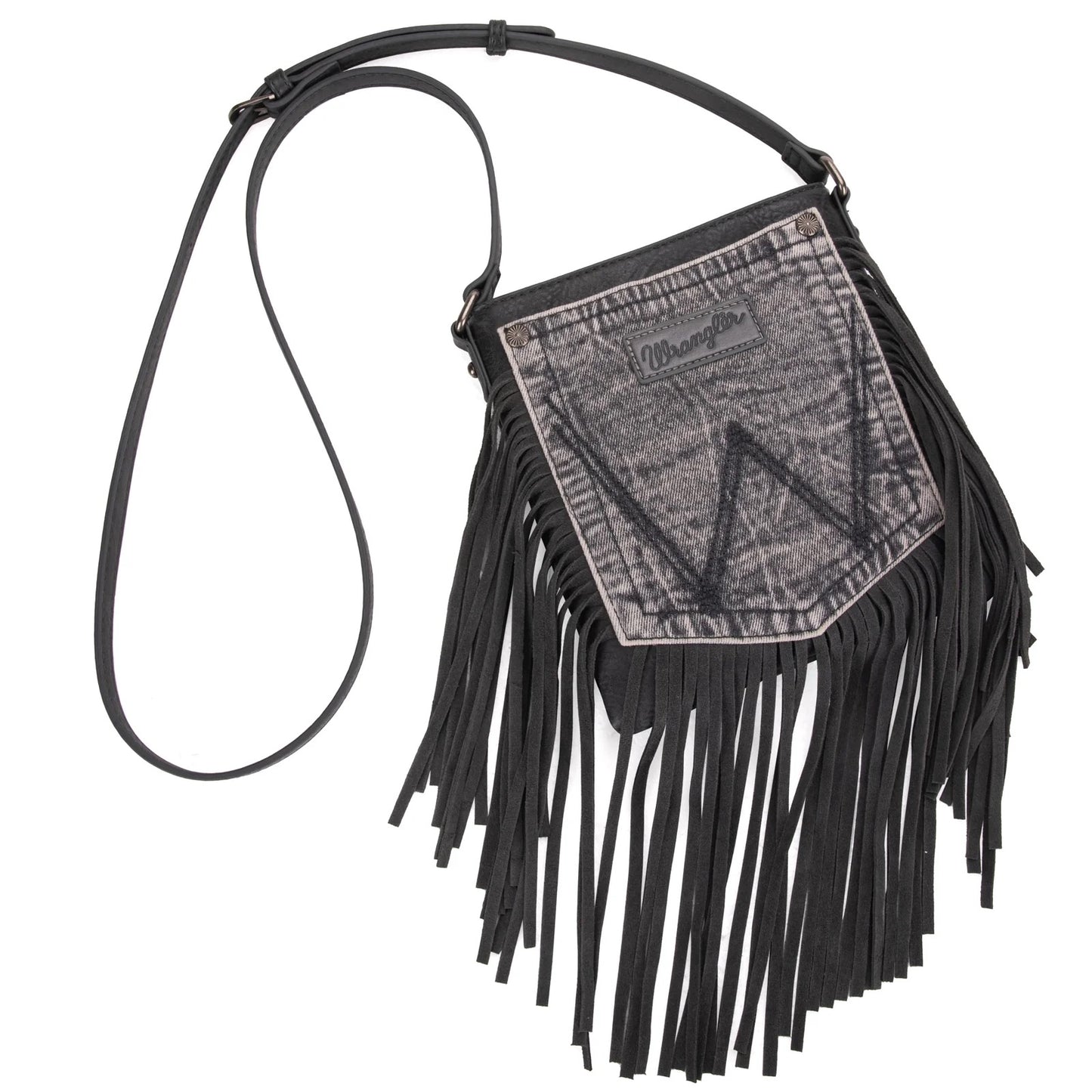 Wrangler Leather Fringe Denim Pocket Crossbody- LIGHT BLACK