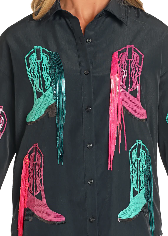 Women's Sequin Boot Button-Up BLACK