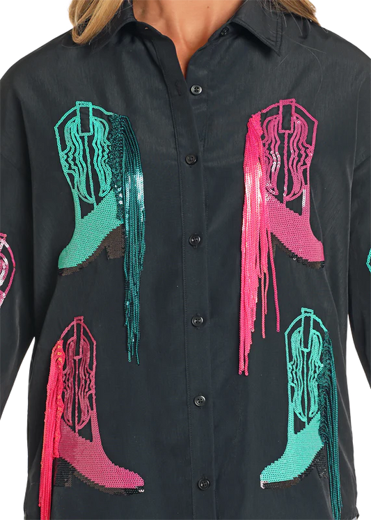 Women's Sequin Boot Button-Up BLACK