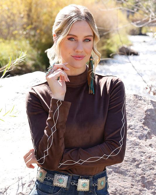 Womens Faux Suede Long Sleeve Shirt Brown CTK7549001