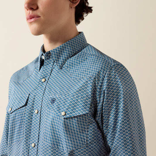 Men Phoenix Fitted LS Shirt Majolica Blue Leaf Print 10080597
