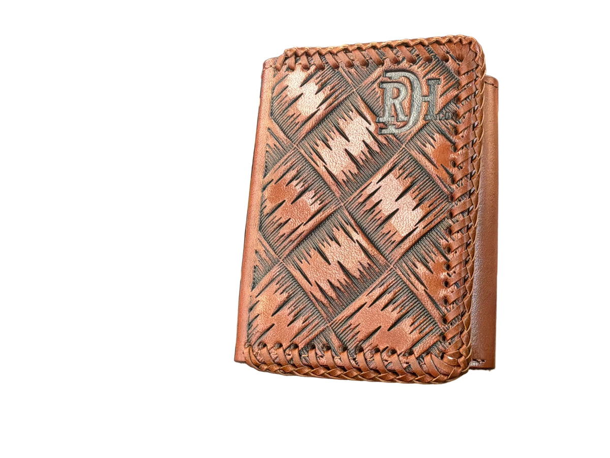 Red Dirt Trifold Wallet XL Basketweave Tooling W/Laced Leather Edge 23225897W7
