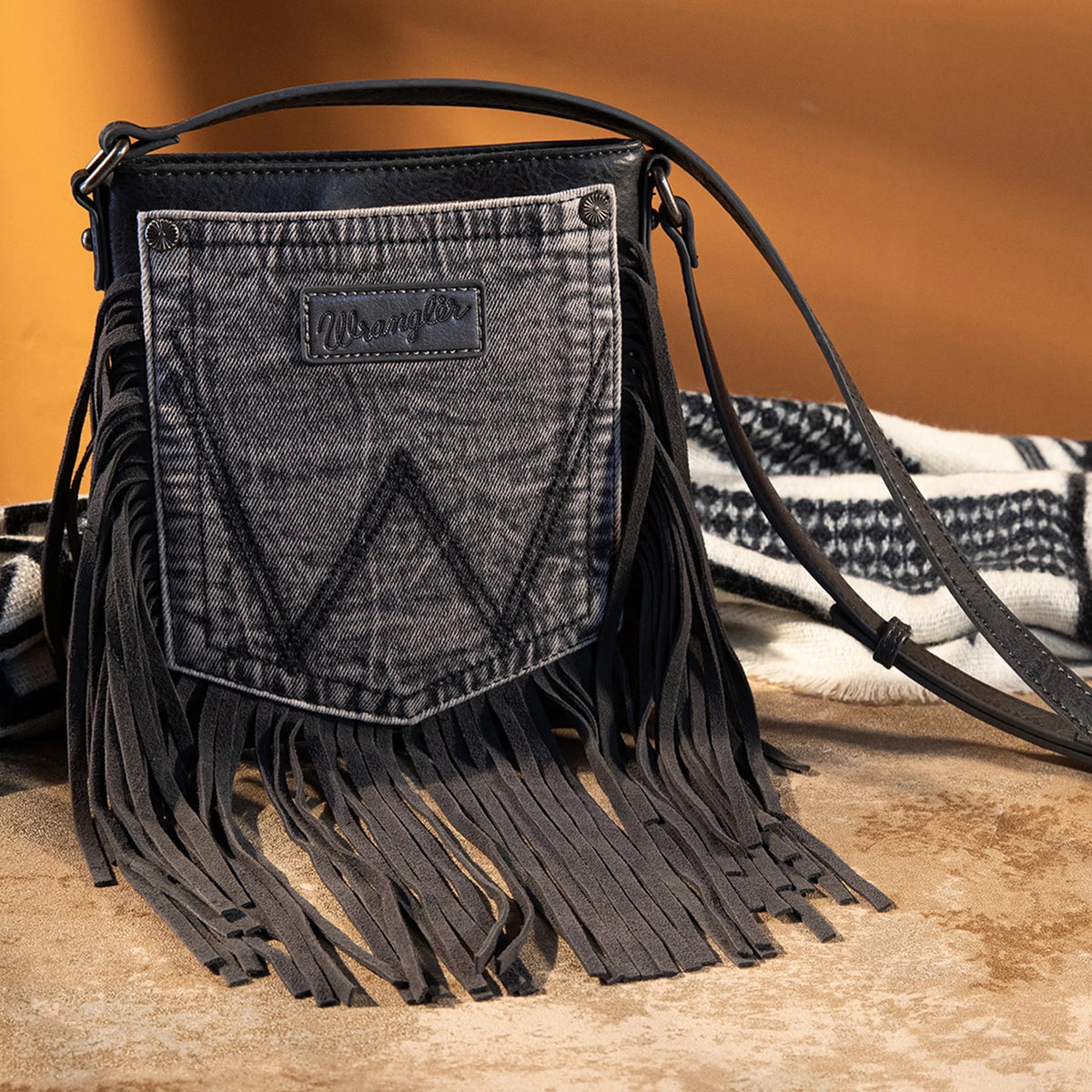 Wrangler Leather Fringe Denim Pocket Crossbody- LIGHT BLACK