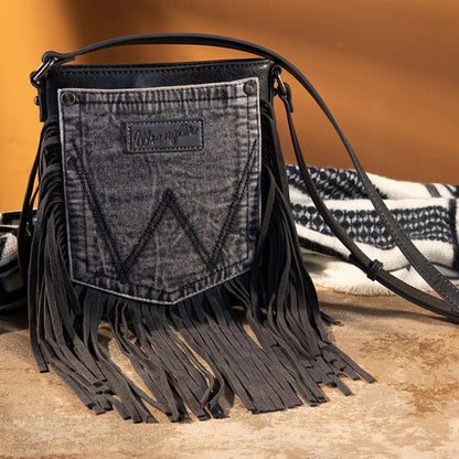 Wrangler Leather Fringe Denim Pocket Crossbody- LIGHT BLACK