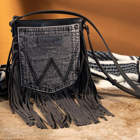 Wrangler Leather Fringe Denim Pocket Crossbody- LIGHT BLACK