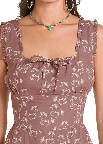 Women’s Horse Print Tiered Dress Mahogany BWDOR08817 FINAL SALE