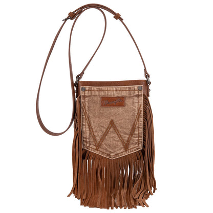 Wrangler Leather Fringe Denim Pocket Crossbody- LIGHT BROWN