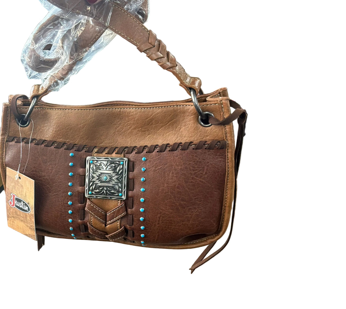 Justin Shoulder Bag Tan W/ Chevron Stitch And Concho 24021953