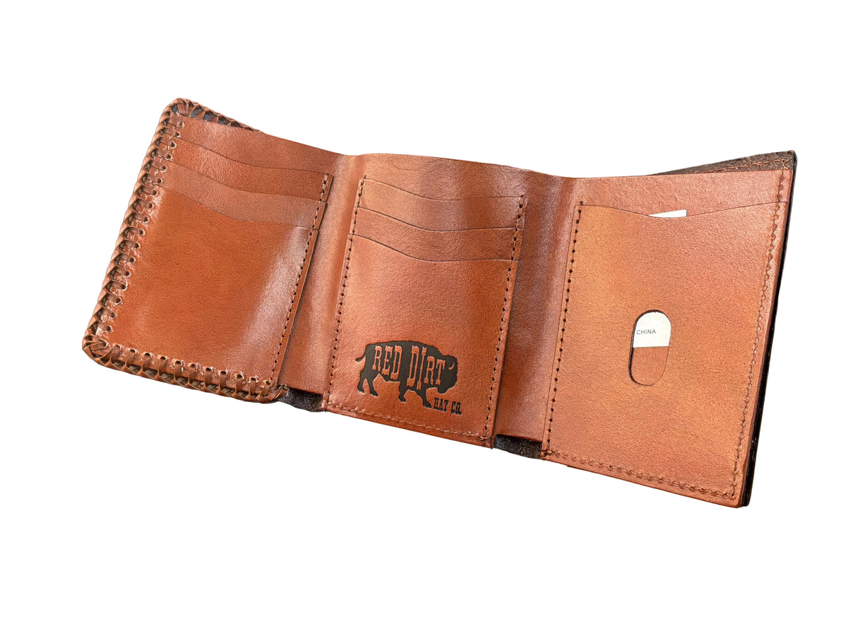 Red Dirt Trifold Wallet XL Basketweave Tooling W/Laced Leather Edge 23225897W7