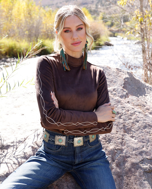Womens Faux Suede Long Sleeve Shirt Brown CTK7549001