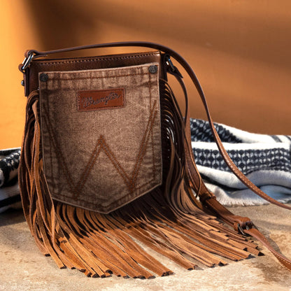 Wrangler Leather Fringe Denim Pocket Crossbody- LIGHT BROWN