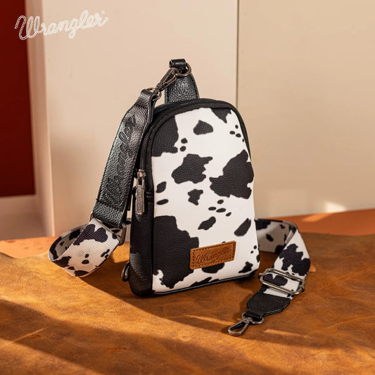Wrangler Cow Print Crossbody Sling Chest Bag- BLACK