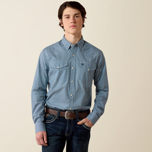 Men Phoenix Fitted LS Shirt Majolica Blue Leaf Print 10080597