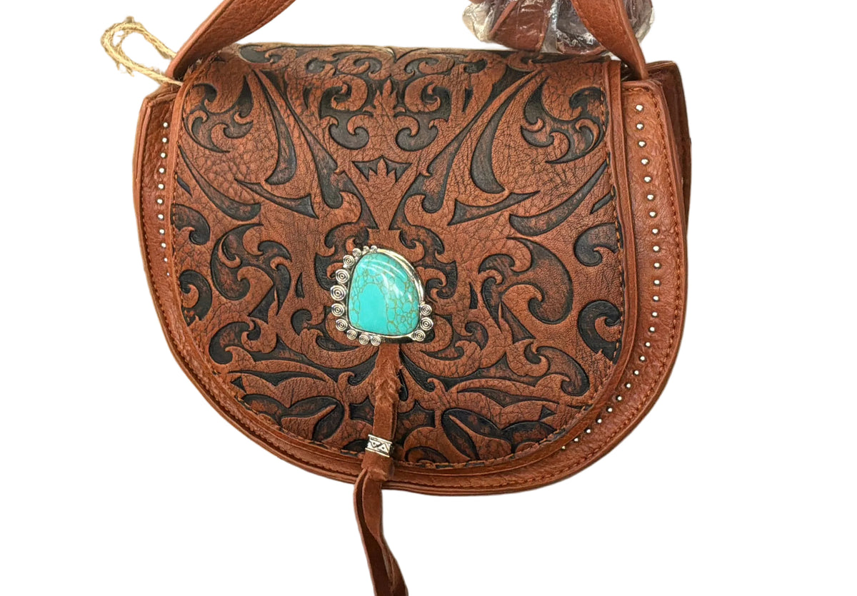Catchfly Saddle Bag Embossed W/ Faux Turquoise Stone 2421330141