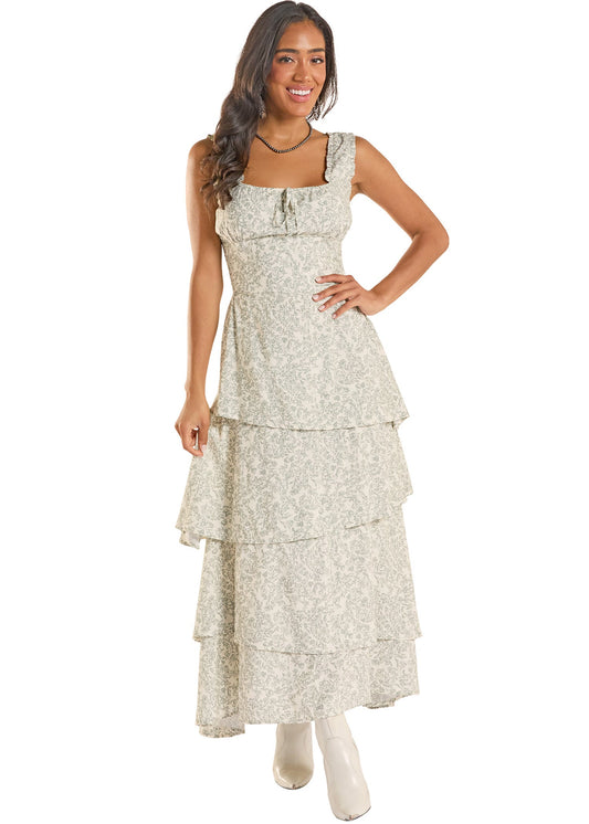 Women Flower Print Tiered Dress Jade BWD0R08774 FINAL SALE