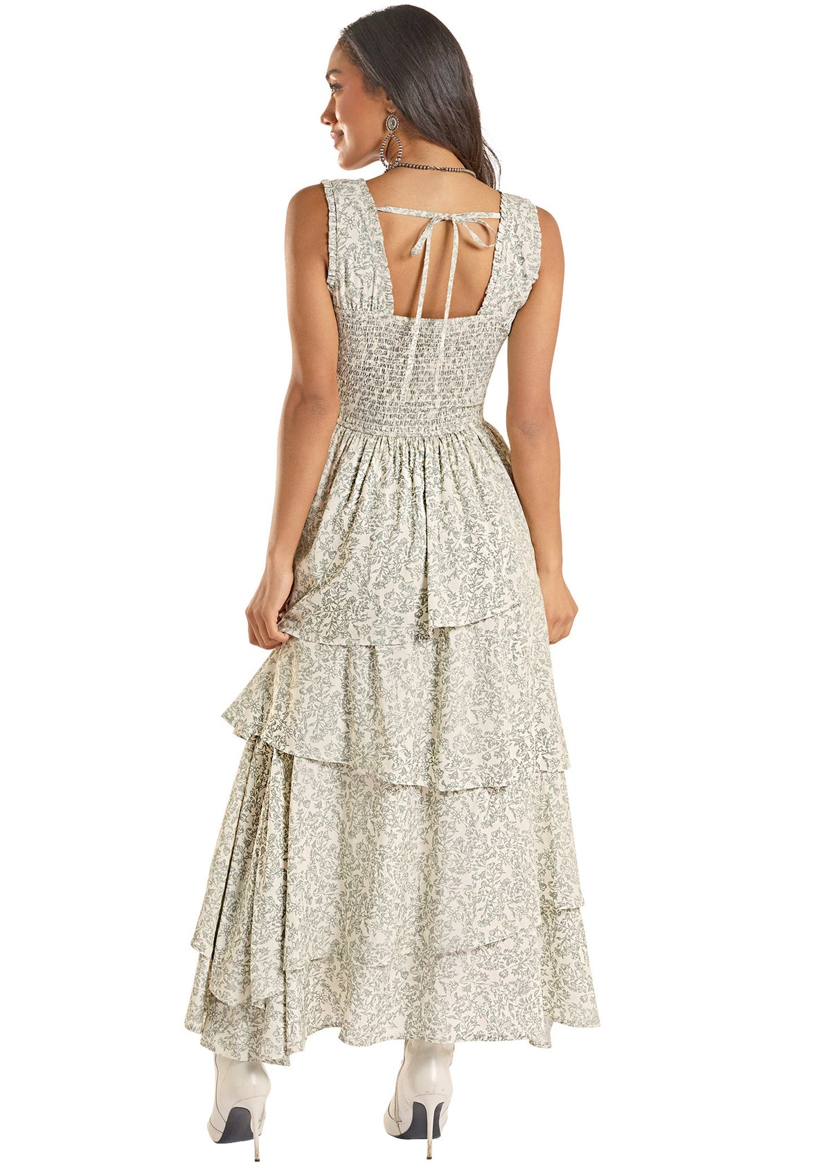 Women Flower Print Tiered Dress Jade BWD0R08774 FINAL SALE