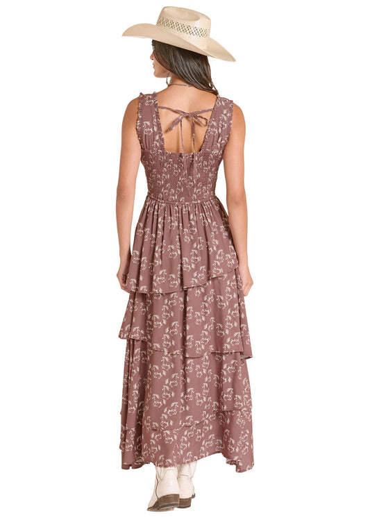 Women’s Horse Print Tiered Dress Mahogany BWDOR08817 FINAL SALE