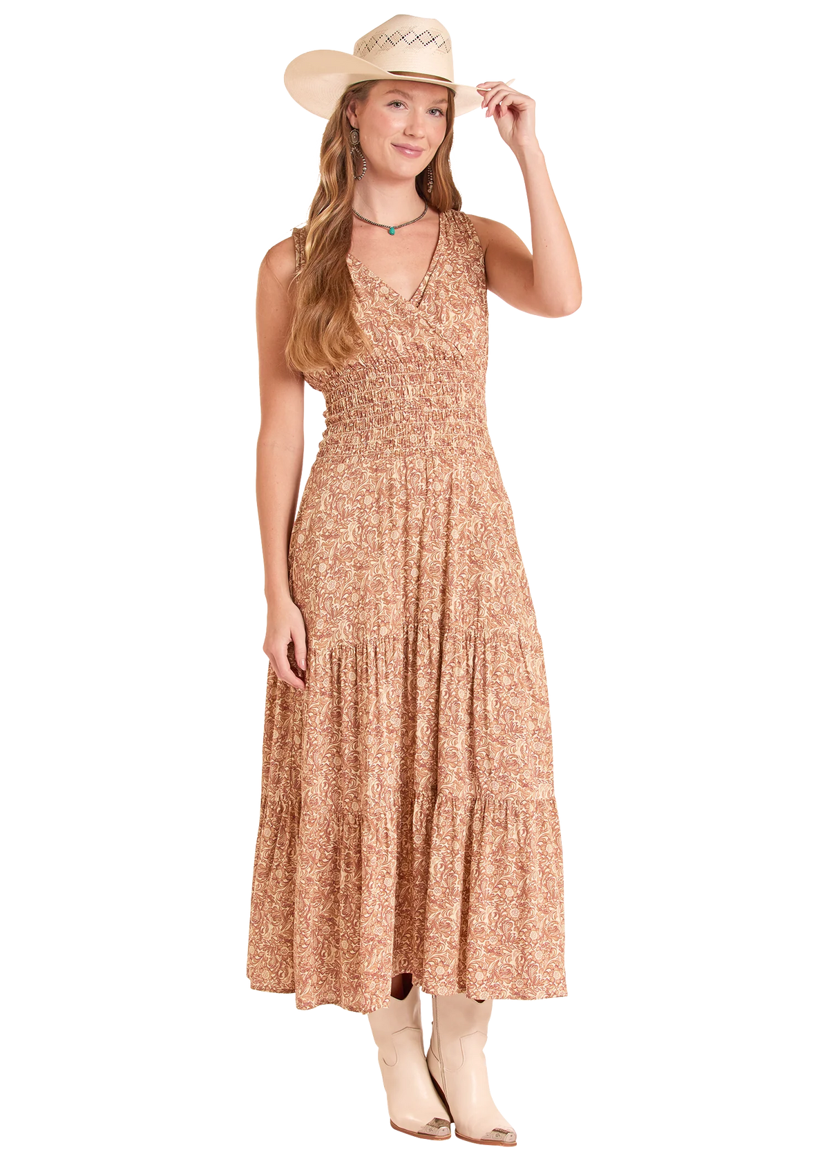 WOMEN TOOLED PRINT DRESS TAN LWD1R08853 FINAL SALE