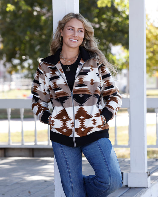 Women Fleece Sweater Jacket Khaki/ Geo MAJ9919003