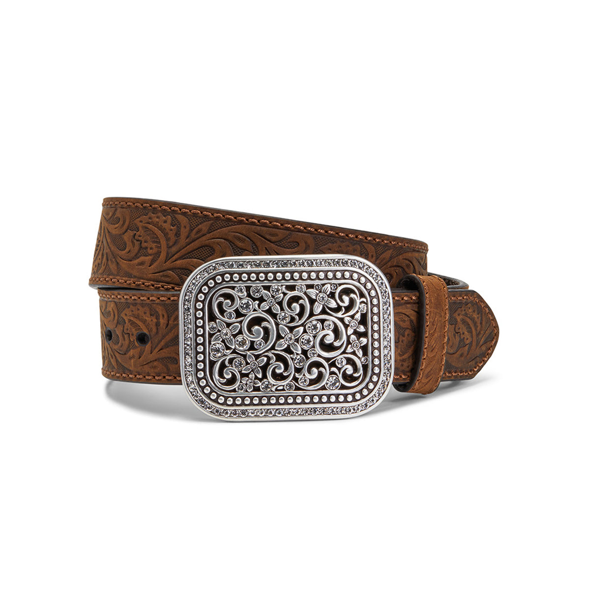 Women Floral Emboss with Squared Buckle Belt A10006944