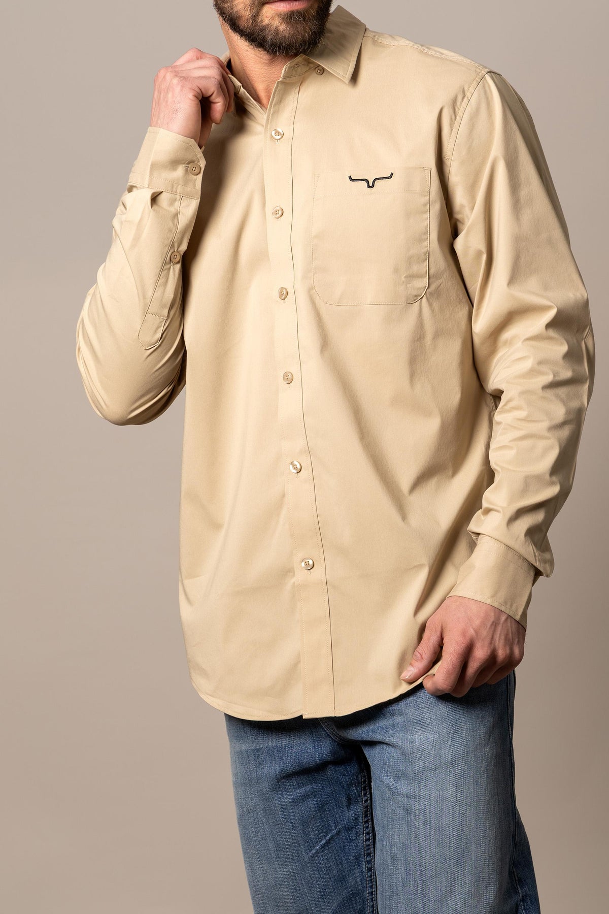 Kimes Ranch Men’s Khaki Team Solid Long Sleeve Button-Down Performance Western Shirt