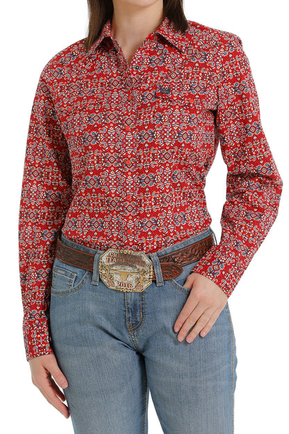 Camisa vaquera con broche frontal rojo/azul